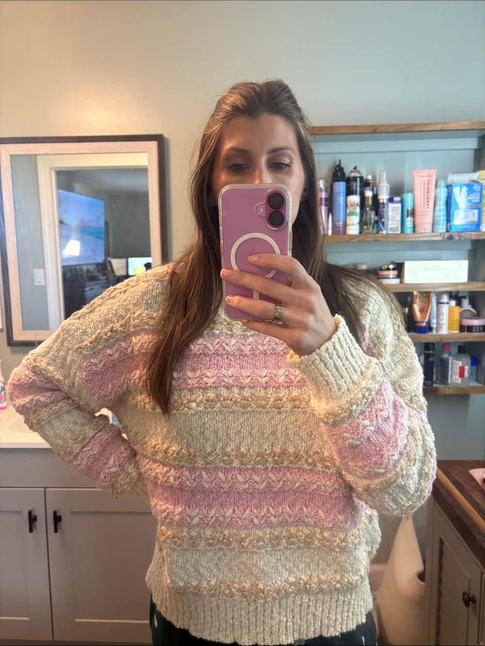 Boutique Soft Striped Crewneck Sweater in Pink & Cream